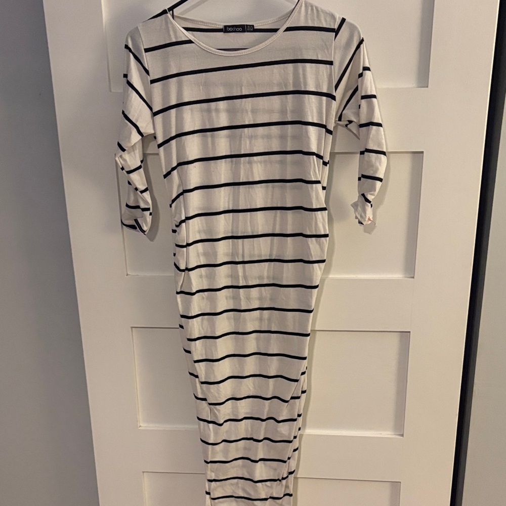 Boohoo Maternity Black and White Striped Long Sleeve Dress